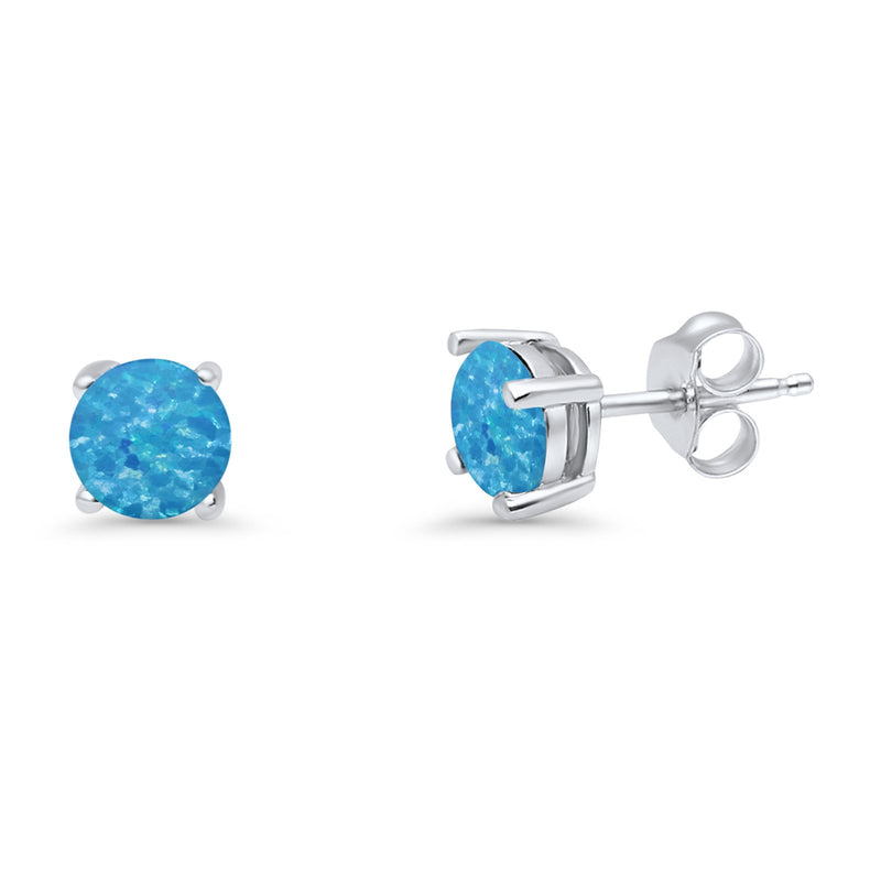 Round Solitaire Stud Earrings 925 Sterling Silver Lab Created Opal 7mm