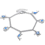 Dangling Charm Bracelet Turtle, Crab, Dolphin Created Fire Blue Opal 925 Sterling Silver