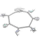 Dangling Charm Bracelet Turtle, Crab, Dolphin Created Fire Blue Opal 925 Sterling Silver