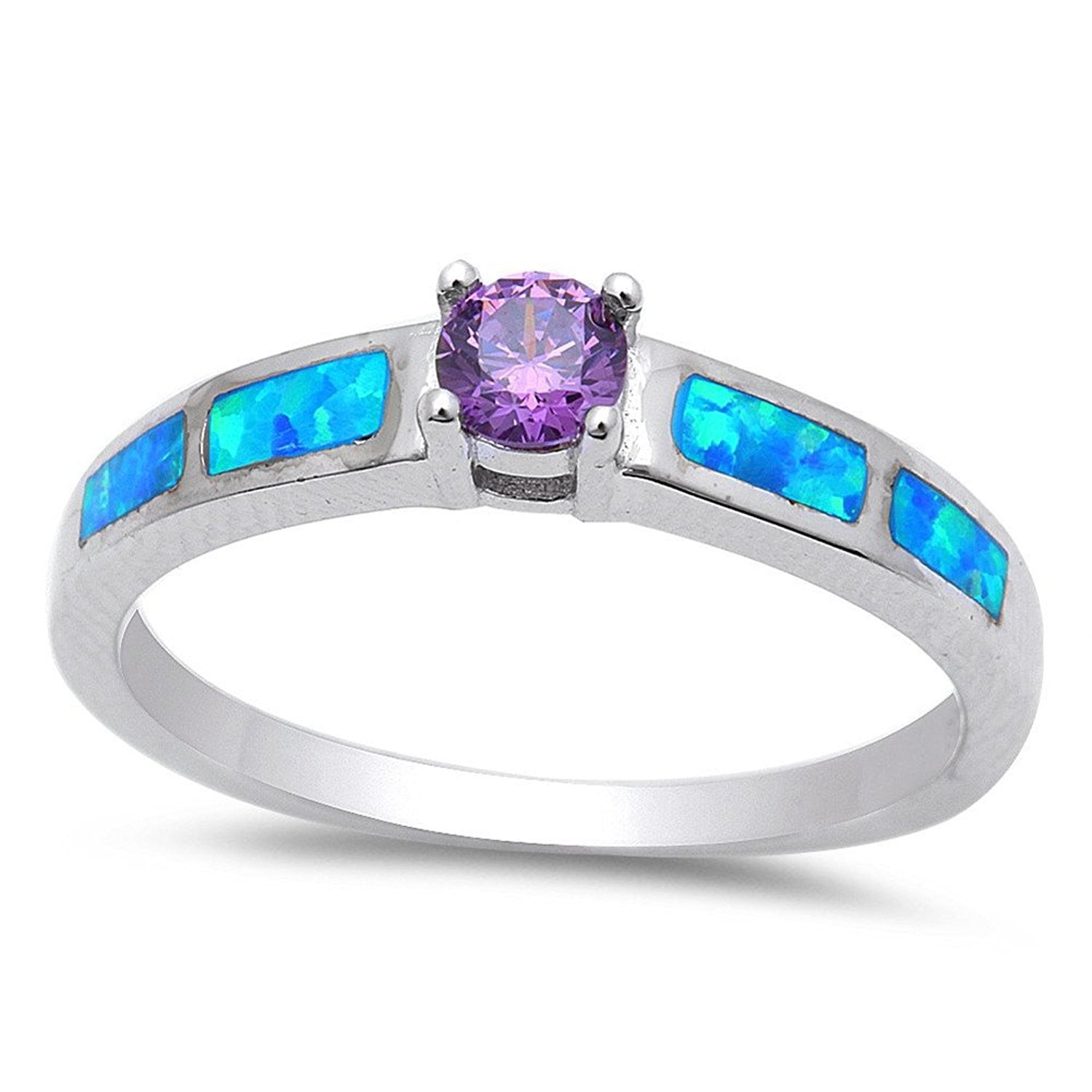 Fashion Solitaire Accent Ring Lab Created White Opal Round Simulated Purple Amethyst 925 Sterling Silver - Blue Apple Jewelry