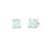 Solitaire Princess Cut Stud Earrings Lab Created White Opal 925 Sterling Silver