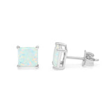 Solitaire Princess Cut Stud Earrings Lab Created White Opal 925 Sterling Silver