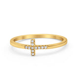 14K Gold Petite Dainty Religous Sideways Cross Ring Round Natural Diamond 0.04ct G SI