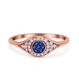 Halo Eye Evil Ring Round Simulated Blue Sapphire Pave Cubic Zirconia 925 Sterling Silver