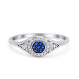 Halo Eye Evil Ring Round Simulated Blue Sapphire Pave Cubic Zirconia 925 Sterling Silver