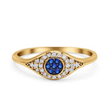 Halo Eye Evil Ring Round Simulated Blue Sapphire Pave Cubic Zirconia 925 Sterling Silver