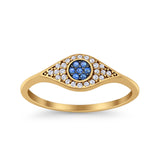 Halo Eye Evil Ring Round Simulated Blue Sapphire Pave Cubic Zirconia 925 Sterling Silver