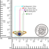 Halo Eye Evil Ring Round Simulated Blue Sapphire Pave Cubic Zirconia 925 Sterling Silver