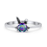 Art Deco Bunny Rabbit Round Thumb Ring Fashion Oxidized Lab Created Opal Solid 925 Sterling Silver