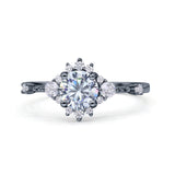 Halo Art Deco Bridal Wedding Engagement Ring Rhodium Plated Round Simulated Cubic Zirconia 925 Sterling Silver