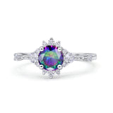 Halo Art Deco Bridal Wedding Engagement Ring Rhodium Plated Round Simulated Cubic Zirconia 925 Sterling Silver