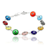 Unisex Trendy 10mm Multicolored Bead Red Blue Pink Green Clear 7" Bracelet Solid 925 Sterling Silver Round Evil Eye Jewelry