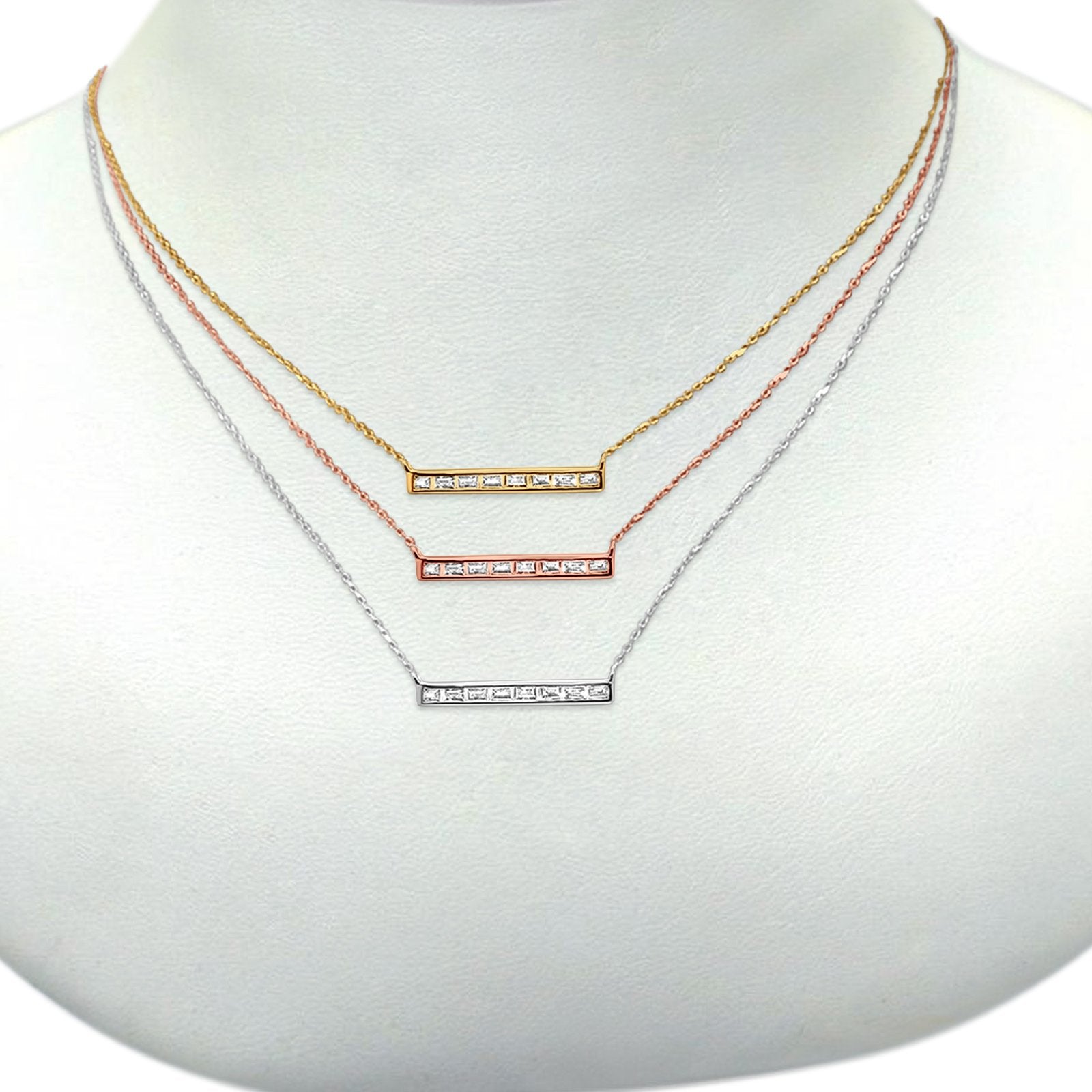 14K Gold Baguette Diamond Trendy Bar .15ct Pendant Necklace 16"+2"