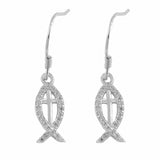 Fish & Cross Drop Dangle Earrings Round Cubic Zirconia 925 Sterling Silver