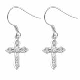 Cross Drop & Dangle Fish Hook Earrings Round Cubic Zirconia 925 Sterling Silver Choose Color