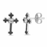 Cross Stud Earrings Round Cubic Zirconia Black Inlay 925 Sterling Silver