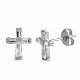 Baguette Simulated Cubic Zirconia Cross Stud Earrings 925 Sterling Silver