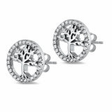 Tree of Life Stud Earrings Solid Round Simulated Cubic Zirconia 925 Sterling Silver