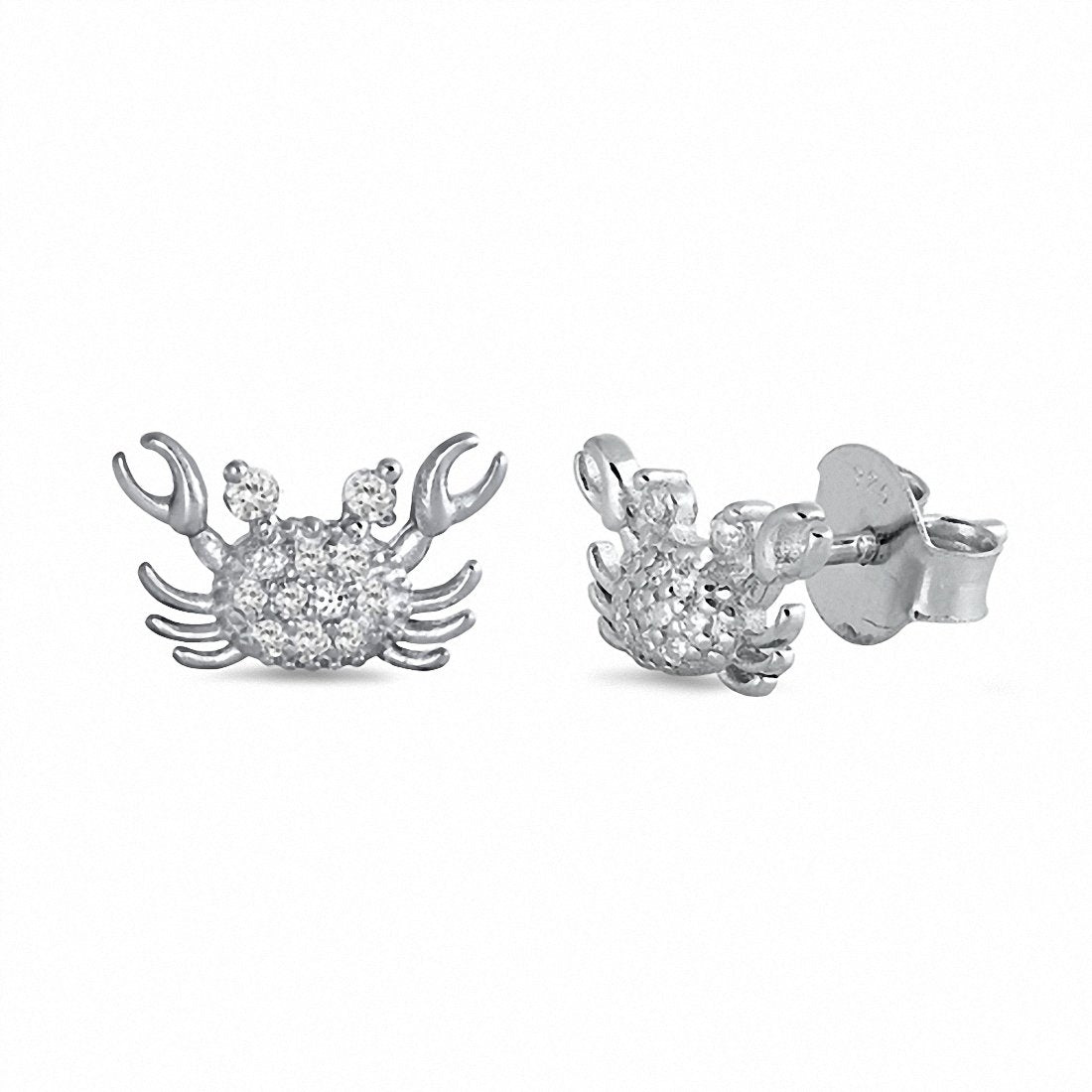 Crab Stud Earrings Round Pave Cubic Zirconia 925 Sterling Silver (7MM)