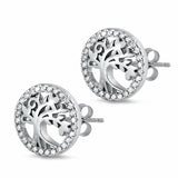 Tree of Life Stud Earrings Round Simulated Cubic Zirconia 925 Sterling Silver