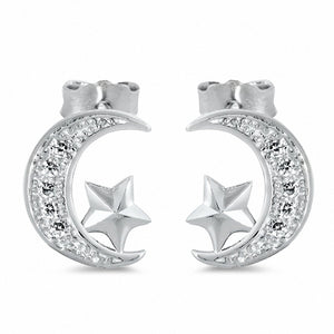 Moon Star Stud Earrings Solid 925 Sterling Silver