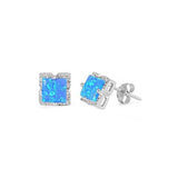 8mm Halo Stud Earring Princess Cut Created Opal Round Cubic Zirconia 925 Sterling Silver Choose Color - Blue Apple Jewelry