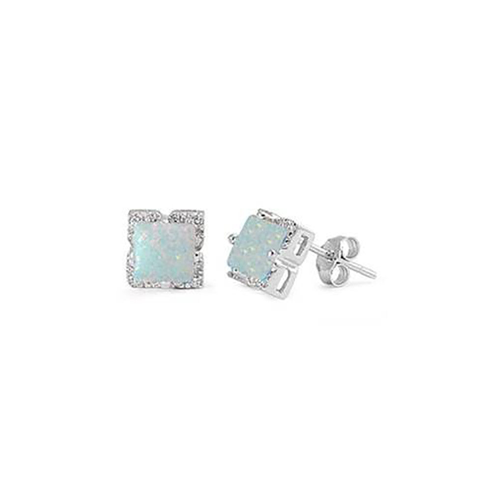 8mm Halo Stud Earring Princess Cut Created Opal Round Cubic Zirconia 925 Sterling Silver Choose Color - Blue Apple Jewelry