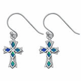 Fishhook Cross Earrings Created Opal Solid 925 Sterling Silver