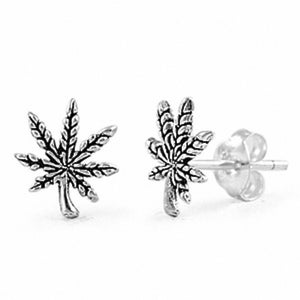 9mm Small Pot Leaf Solid 925 Sterling Silver Stud Post Earrings
