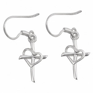 Heart and Cross Fish Hook Earrings 925 Sterling Silver Choose Color
