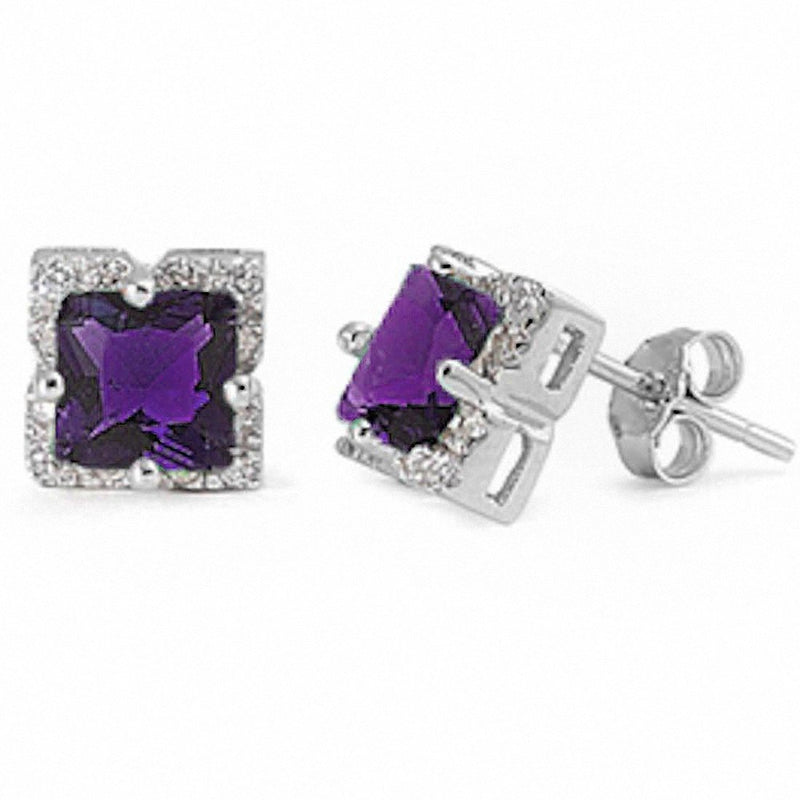 Halo Stud Earrings Princess Cut Simulated CZ 925 Sterling Silver