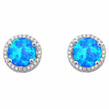 Halo Created Opal Earrings Round Simulated Cubic Zirconia 925 Sterling Silver