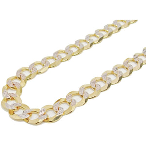 11MM Yellow Gold Flat Pave Curb Chain .925 Solid Sterling Silver 8"- 32"