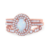 Three Piece Double Halo Art Deco Wedding Band Engagement Ring Oval Round Cubic Zirconia 925 Sterling Silver Choose color