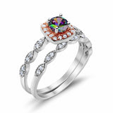 Art Deco Bridal Set Piece Ring Two Tone Round Simulated CZ 925 Sterling Silver