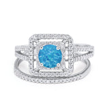 Halo 2 Piece Wedding Ring Band Set Round Simulated CZ 925 Sterling Silver