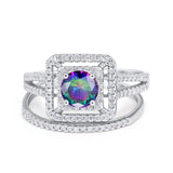 Halo 2 Piece Wedding Ring Band Set Round Simulated CZ 925 Sterling Silver