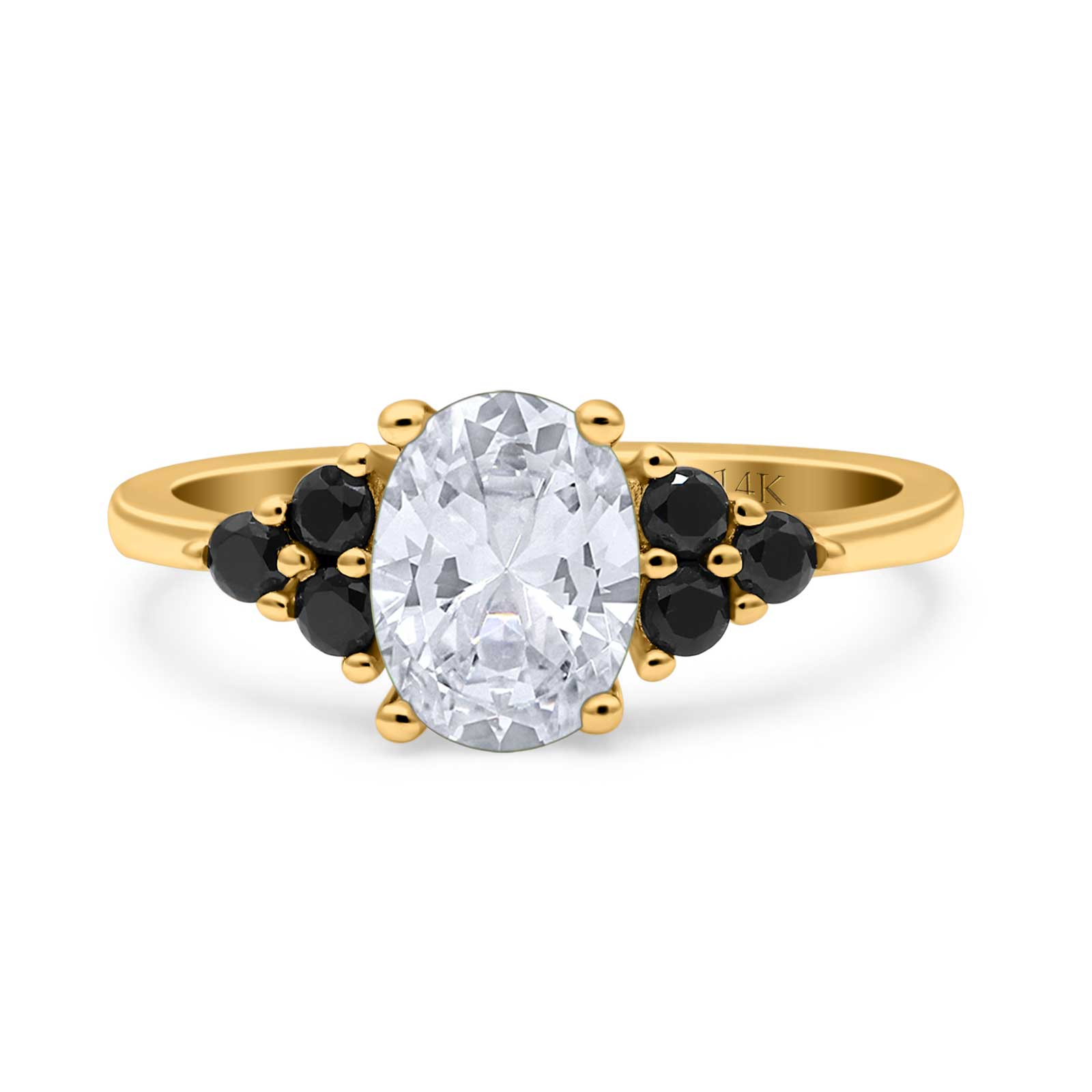 14K Gold Art Deco Round Black Oval Cubic Zirconia Engagement Ring