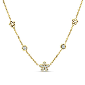 Diamond Flower Star Pendant Necklace 14K Gold 0.09ct