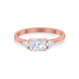 Three Stone Wedding Engagement Ring Emerald Cut Round CZ 925 Sterling Silver