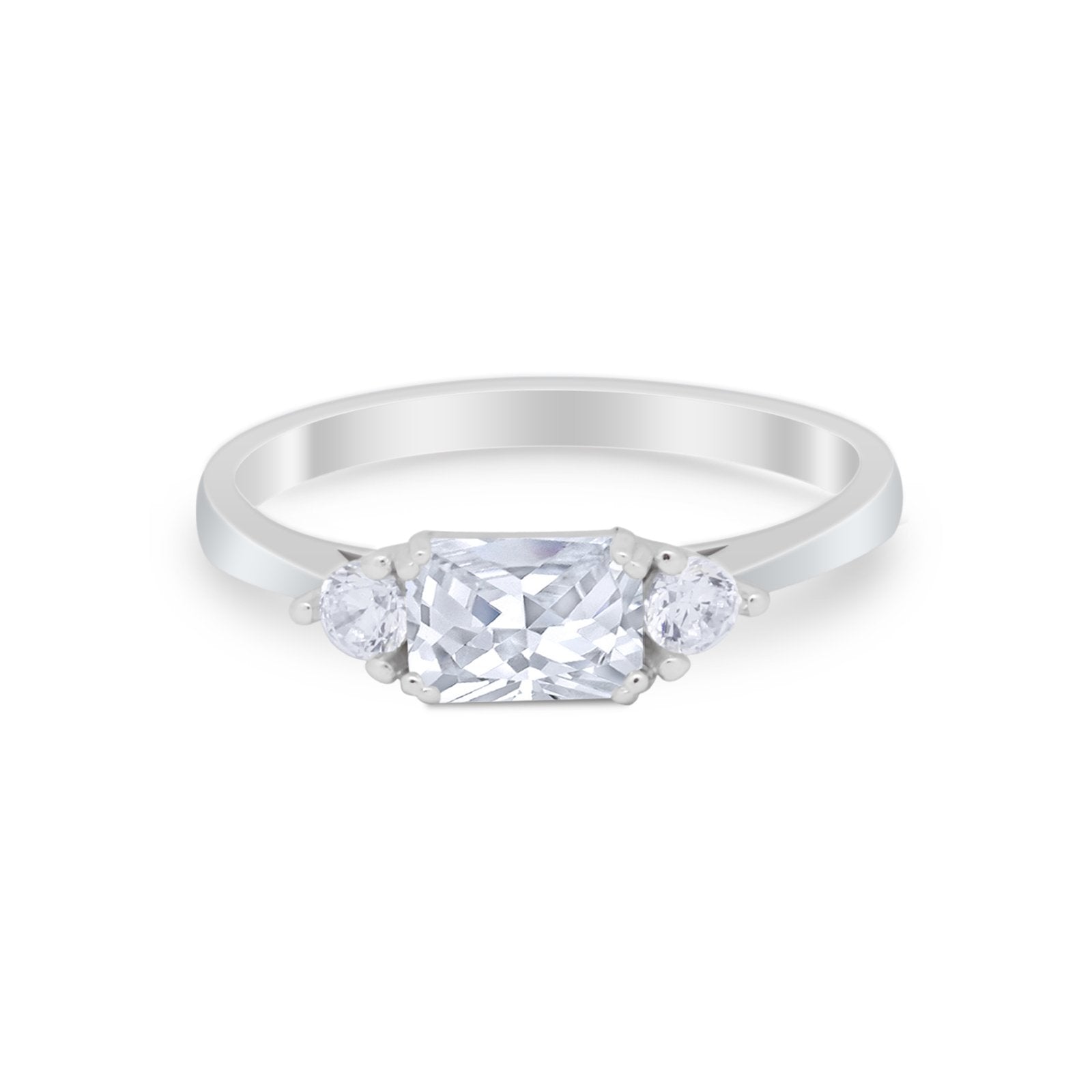 Three Stone Wedding Engagement Ring Emerald Cut Round CZ 925 Sterling Silver