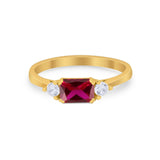 Three Stone Wedding Engagement Ring Emerald Cut Round CZ 925 Sterling Silver
