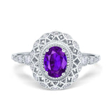 Oval Vintage Art Deco Halo Wedding Engagement Bridal Ring Round Simulated Cubic Zirconia 925 Sterling Silver