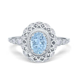 Oval Vintage Art Deco Halo Wedding Engagement Bridal Ring Round Simulated Cubic Zirconia 925 Sterling Silver