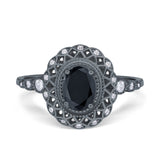 Oval Vintage Art Deco Halo Wedding Engagement Bridal Ring Round Simulated Cubic Zirconia 925 Sterling Silver