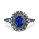 Oval Vintage Art Deco Halo Wedding Engagement Bridal Ring Round Simulated Cubic Zirconia 925 Sterling Silver
