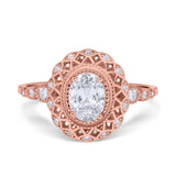 Oval Vintage Art Deco Halo Wedding Engagement Bridal Ring Round Simulated Cubic Zirconia 925 Sterling Silver