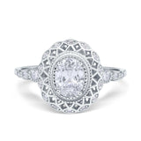 Oval Vintage Art Deco Halo Wedding Engagement Bridal Ring Round Simulated Cubic Zirconia 925 Sterling Silver
