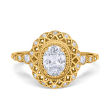 Oval Vintage Art Deco Halo Wedding Engagement Bridal Ring Round Simulated Cubic Zirconia 925 Sterling Silver