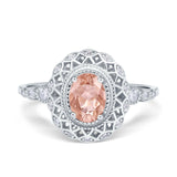 Oval Vintage Art Deco Halo Wedding Engagement Bridal Ring Round Simulated Cubic Zirconia 925 Sterling Silver